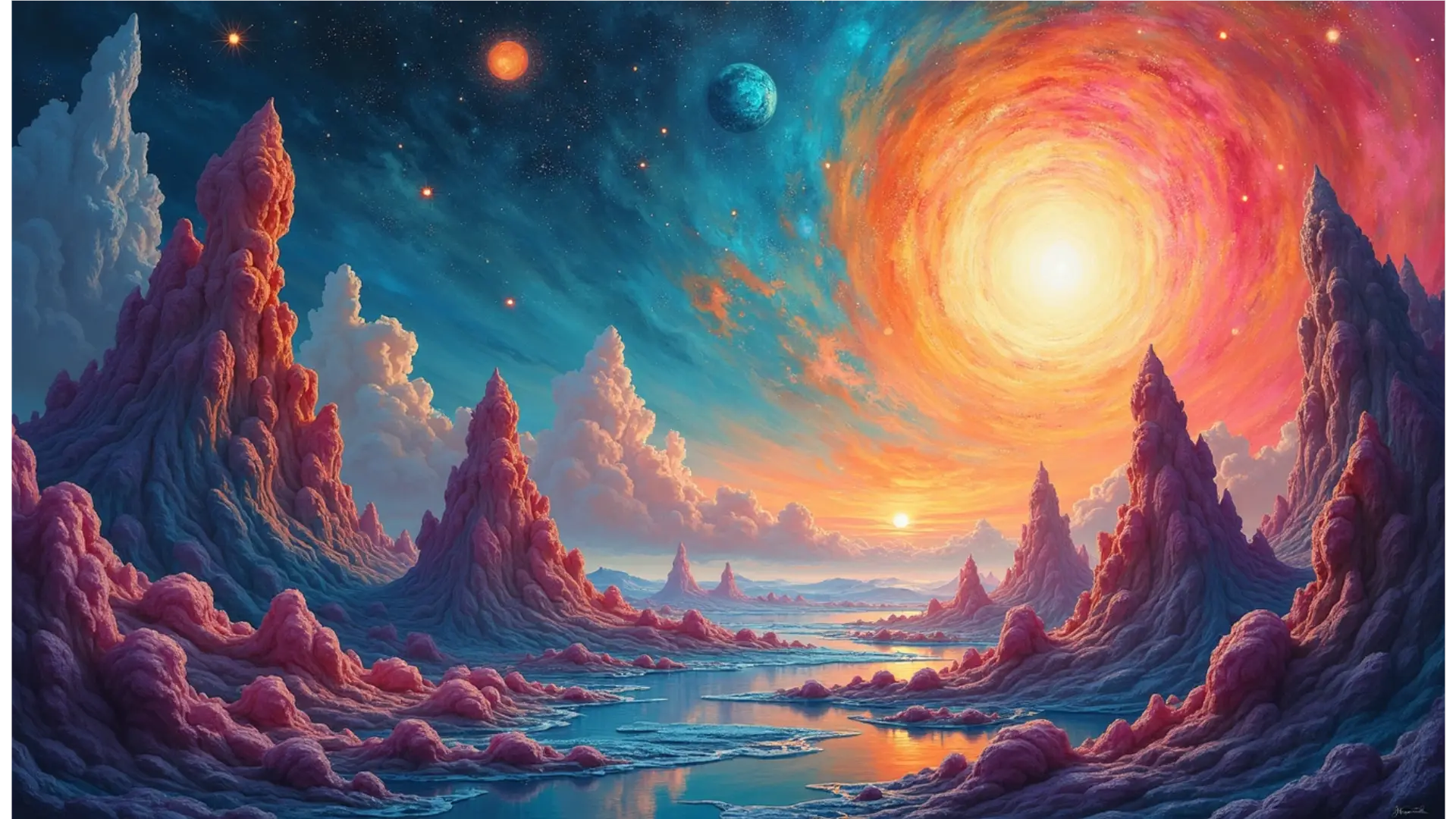 Colorful alien landscape with towering pink and purple mountains, a bright swirling sun, and a starry sky with planets.