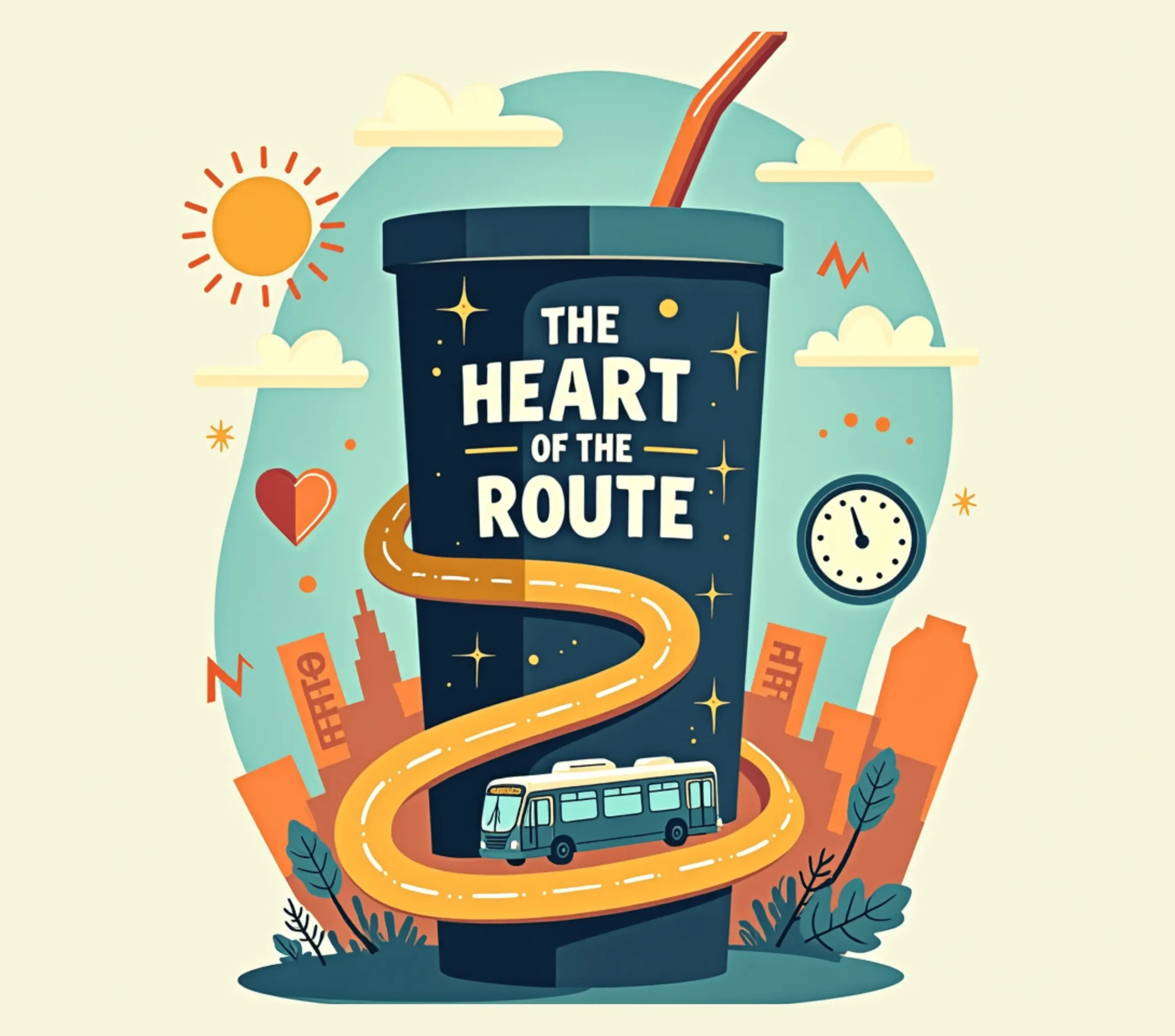 A graphic with a large drink cup featuring the text "The Heart of the Route," a bus on a winding road, city buildings, and various travel icons. A graphic with a large drink cup featuring the text "The Heart of the Route," a bus on a winding road, city buildings, and various travel icons.