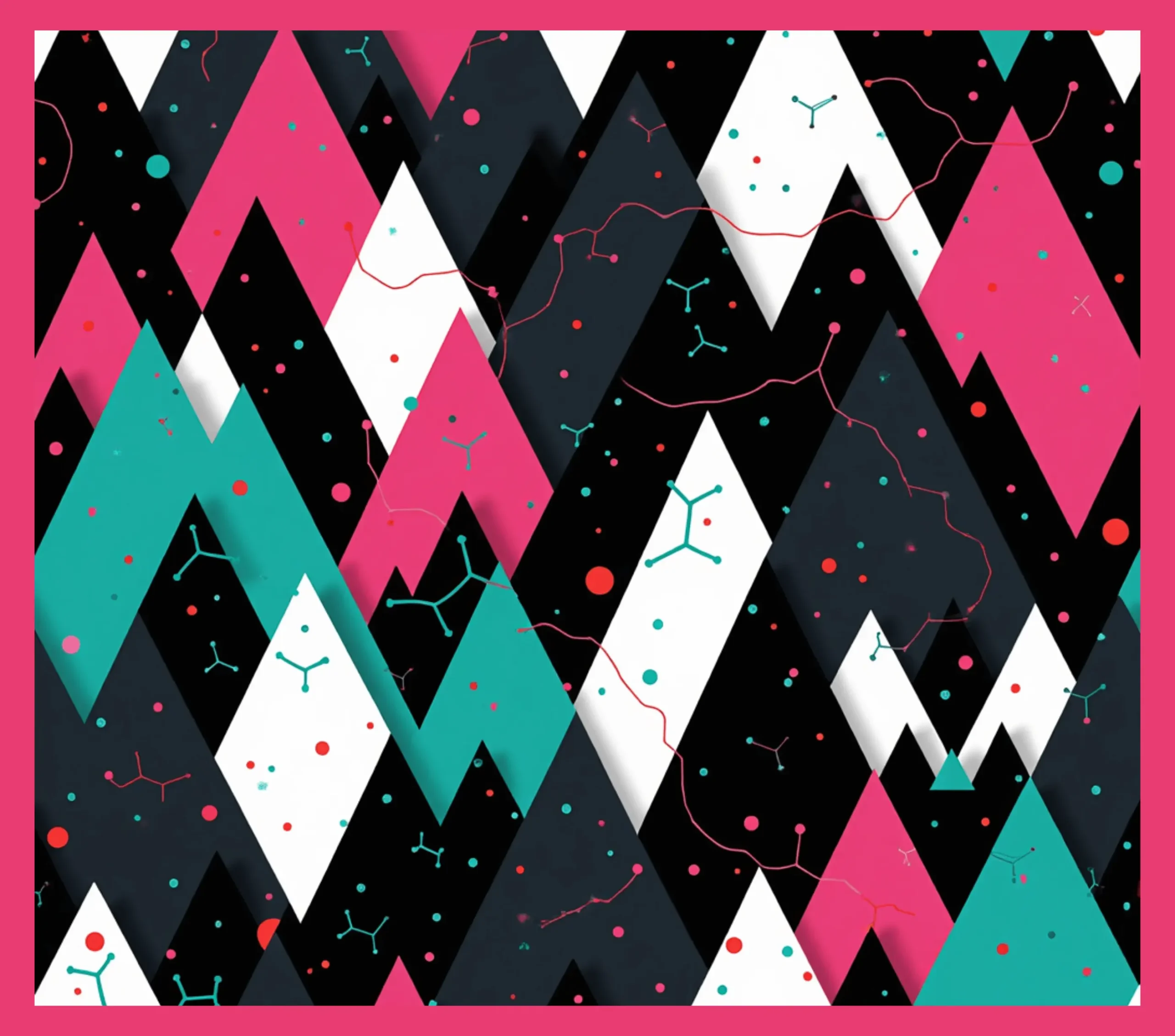 Abstract pattern with colorful zigzag mountain shapes, molecular structures, and scattered dots on a pink border.