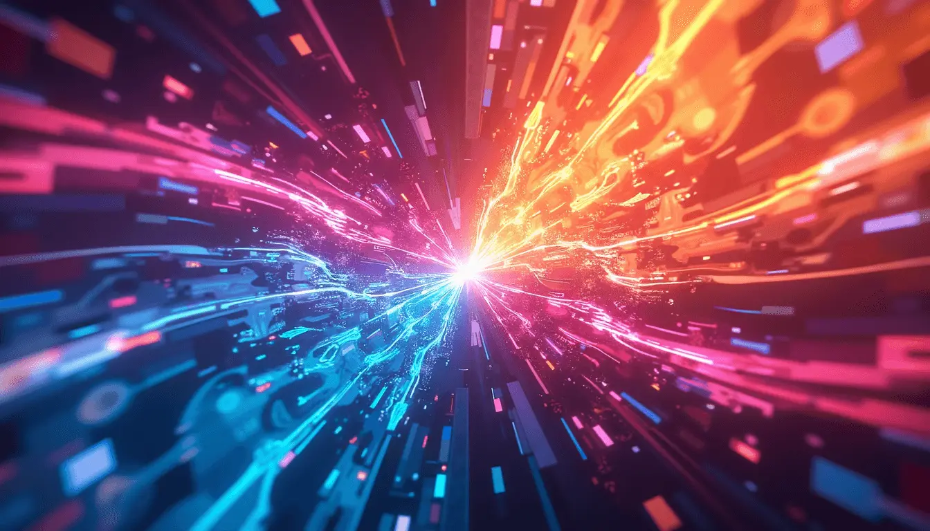 Bright digital explosion with pink, blue, and orange streaks converging at a central bright point.