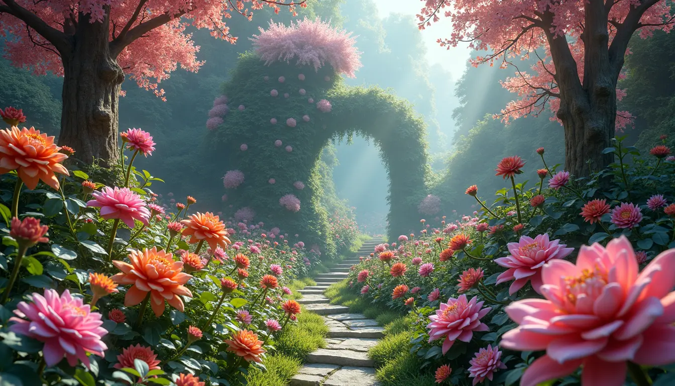 A beautiful garden with pink and orange flowers, stone pathway, trees with pink blossoms, and a floral archway in the background.
