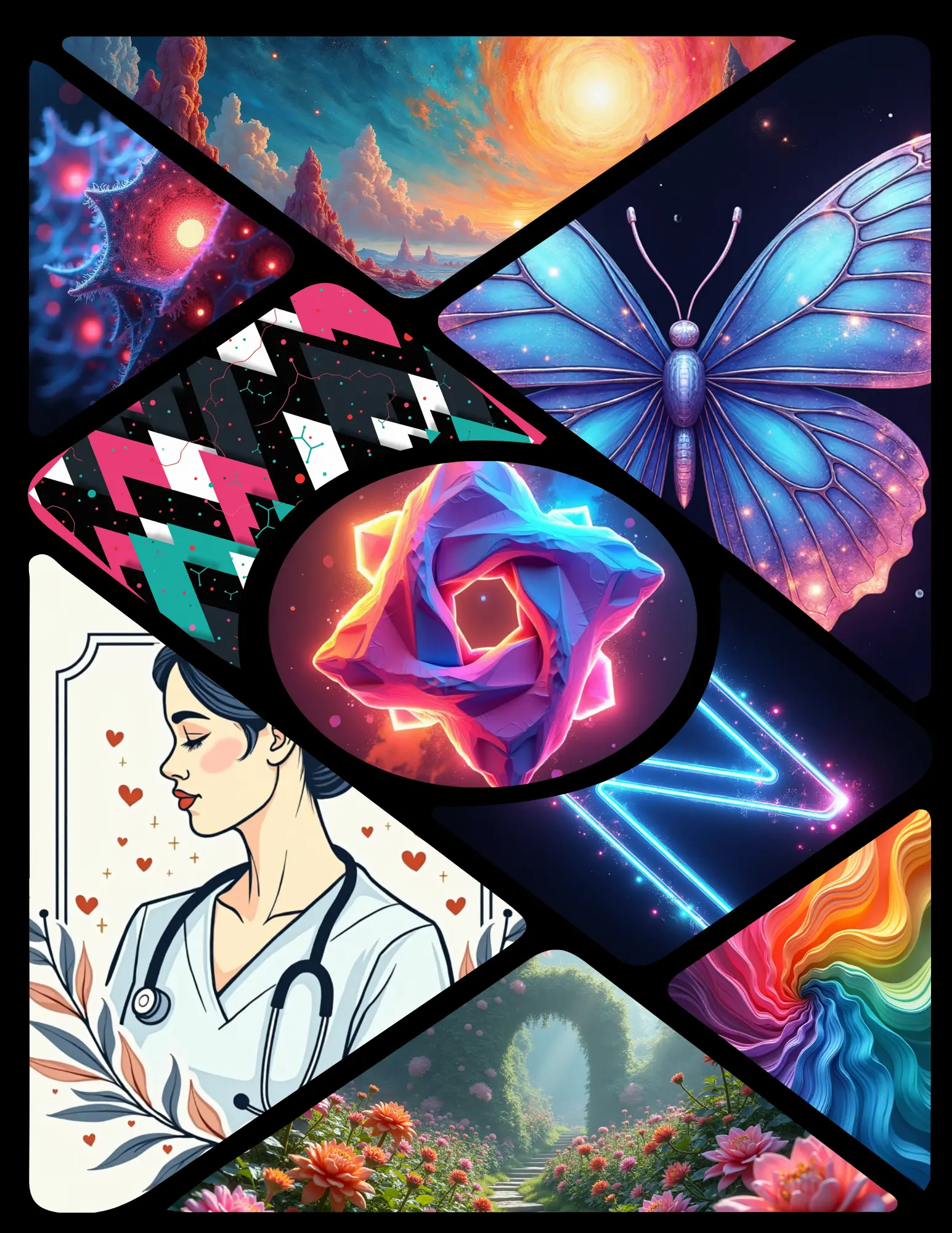 Collage of abstract art, a blue butterfly, a nurse, a garden arch, and a rainbow swirl.